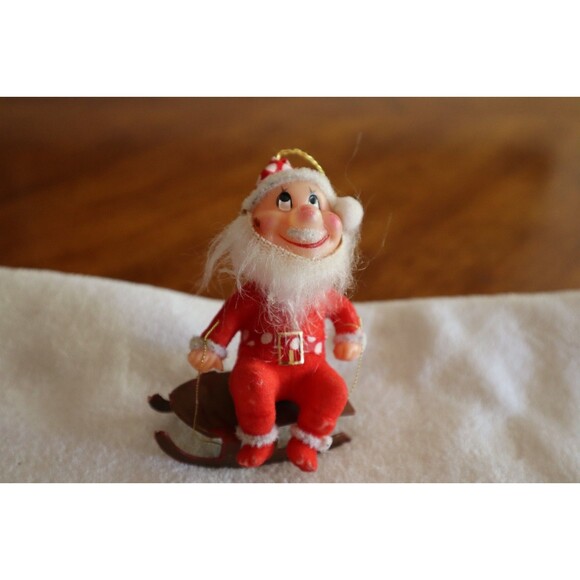 Vtg Christmas Chubby Cheeks Flocked Santa Claus Figure Ornament Plastic Sled 4" - Picture 10 of 11